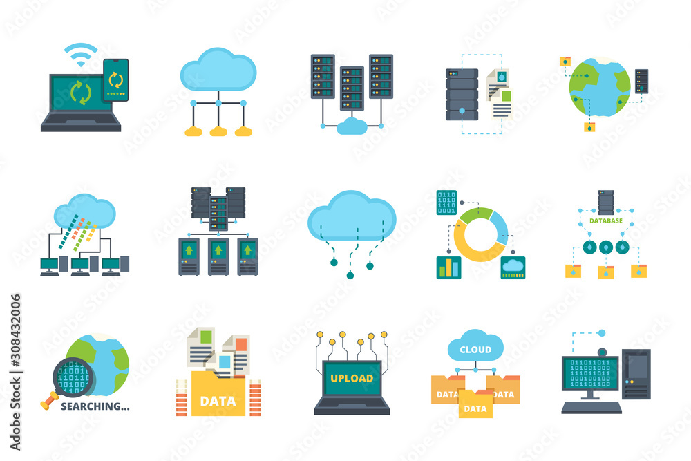Poster database icons. server cloud management network processes security computer bases online vector flat