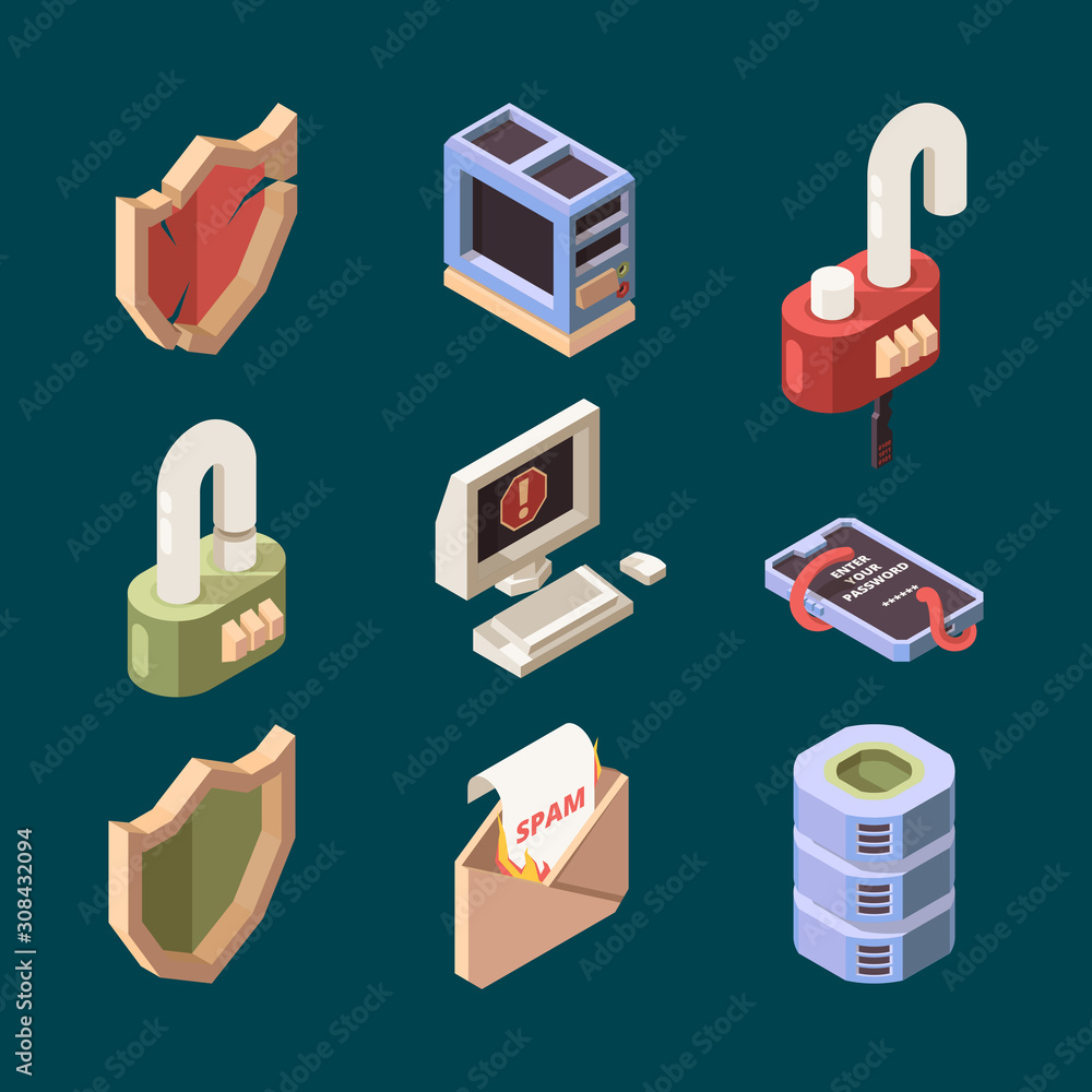 Poster hacker isometric. cyber security email spam computer viruses online ddos attack bugs protection info