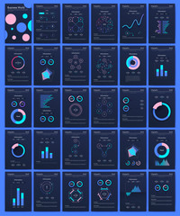 Modern infographic vector elements for business brochures. Use in website, corporate brochure, advertising and marketing. Pie charts, line graphs, bar graphs and timelines.