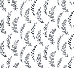 Seamless pattern with hand drawn leaves and branches. Vector endless natural background.