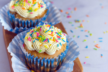 Close-Up Photo of Cupcake with Buttercream Frosting and Sprinkle, Shallow Depth of Field, Blur Background, Festive Food