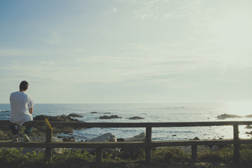 Rear view of a man sitting on a railing looking at the ocean