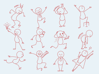 Stickman characters. Business person in doodle style cute expressions man funny poses office manager working vector line sketches. Stickman expression, tiredness, exultation and affright illustration