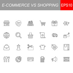 SHOPPING vs E-COMMERCE line thin icons set. Vector illustrations collection EPS10.