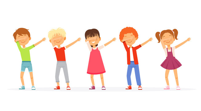 Dabbing. Kids Dancing And Posing School Teenager Groups Young Americans Moving Vector Dabbing Characters. Illustration Dab Character Dancer, Dancing Dabbing Performing