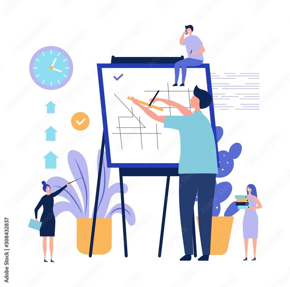 Poster architect at work. design project vector concept. flat male architect and tiny people make architect