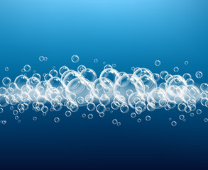 Foam realistic. Soapy transparent balls on dark background macro gel blow powder oxygen vector. Macro blow foam, water detergent bubble illustration