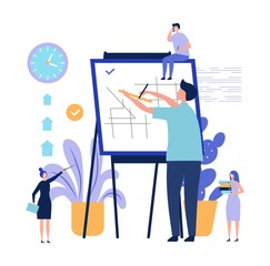 Architect at work. Design project vector concept. Flat male architect and tiny people make architectural layout. Plan and profession engineering blueprint illustration