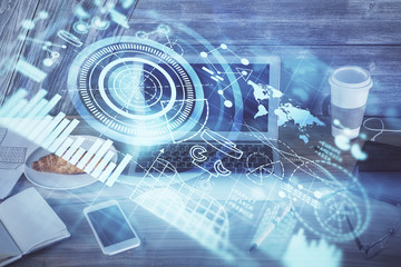 Multi exposure of business theme icons and work space with computer background. Concept of success.