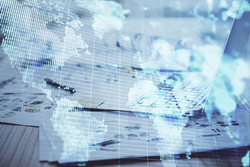 Multi exposure of business theme icons and work space with computer background. Concept of success.