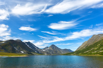 Summer landscape with mountains, Lake Hadata, Polar Urals, Yamal