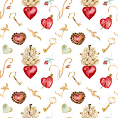Watercolor seamless pattern. Watercolor Vintage Jewelry Hearts Clipart. Valentines Day cards Wedding templates. Hand Painted. Antique clipart. Rubin heart. Scrapbooking
