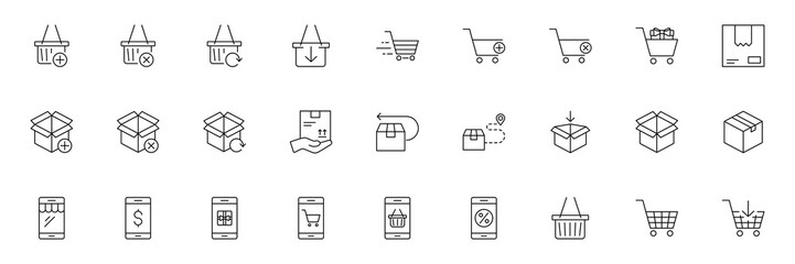 SHOPPING vs E-COMMERCE line thin icons set. Vector illustrations collection EPS10.