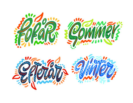 Forar sommer efterar vinter. Seasons name in Danish. Hand Lettering word. Handwritten modern brush typography sign. Greetings for icon, logo, badge, cards, poster, banner, tag. Colorful Vector illustr