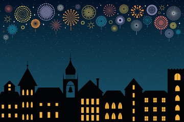Vector illustration with colorful fireworks in the night sky over the black city, place for text. Flat style design. Concept for New Year celebration, holiday background, card, poster, banner.