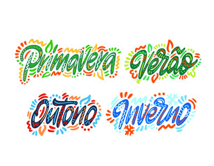 Primavera, verao, outono, inverno. Seasons name in Spanish. Hand Lettering word. Handwritten modern brush typography sign. Greetings for icon, logo, badge, cards, poster, banner, tag. Colorful Vector 