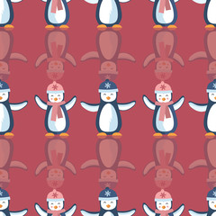 Vector cute penguins stand in queue seamless