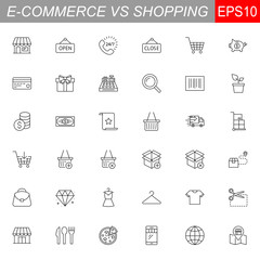 SHOPPING vs E-COMMERCE line thin icons set. Vector illustrations collection EPS10.