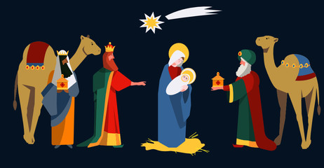 Cute flat illustration of three Wise Men Kings who warship Baby Jesus and Virgin Mary with gifts in nativity scene at Christmas. Melchior, Caspar and Balthazar. Spanish tradition Día de Reyes Magos