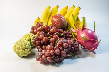 Fruits from Thailand, banana, dragon fruit, rose apple, grapes, custard apple are delicious taste, fragrant, sweet, beneficial to health they are popular for foreign tourists.