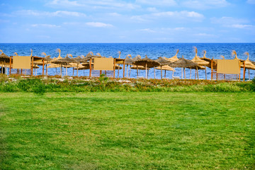Fototapeta na wymiar Seascape, beach with straw umbrellas and green grass