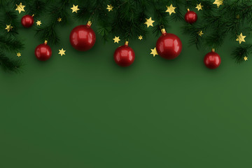 Flat composition with Christmas decor from the branches of the Christmas tree and Christmas balls on a green background, place for text