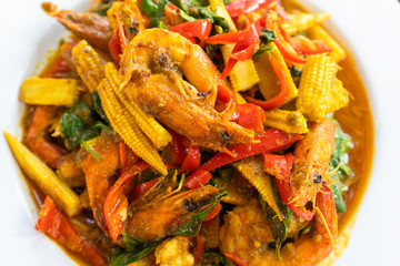 Stir fried prawns curry with baby corn the delicious Thai food