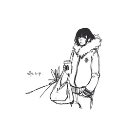 A young girl in a jacket drinking coffee from a paper cup, on the street.  Coffee to go. Vector hand-drawn sketch.