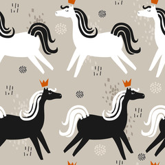 Horses with crowns, hand drawn backdrop. Colorful seamless pattern with animals. Decorative cute wallpaper, good for printing. Overlapping background vector. Design illustration
