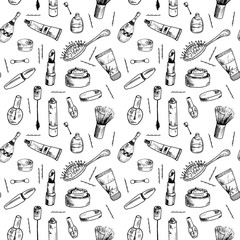Beauty pattern. Hand drawn beauty, makeup and cosmetics icons and objects. Seamless vector backdrop. Sketch design elements. Isolated vector illustrations on a white background.