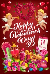 Happy Valentines day lettering and cupids with heart shape wreath. Vector symbols of love, heart in golden cage, calendar with February 14 date, flowers and elixir in bottle. Cupcake and present boxes