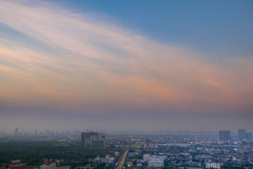 Aerial view of wonderful twilight sky during the sun going down in the dusk alongside Choa playa river which is the important river that be like the spinal cord of Thailand. with P.M.2.5 pollution