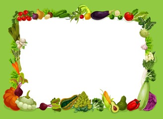 Vegetables frame, farm harvest veggies food and spare place, add text. Vector vegetarian broccoli cabbage and cauliflower, pumpkin and tomato, eggplant and mushrooms, potato and pea bean, avocado