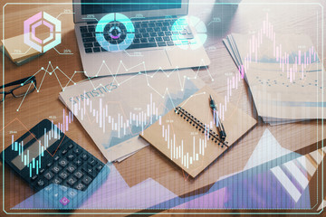 Multi exposure of forex graph and work space with computer. Concept of international online trading.