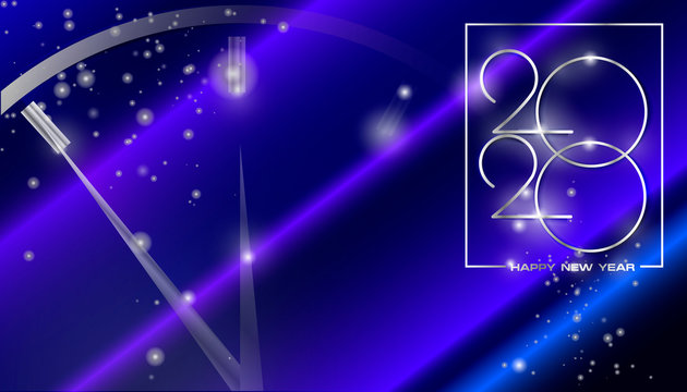 Bright sparkling and festive new year background by 2020. Vector illustration with highlights and sparks with a clock in the background