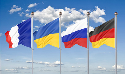 Flags of France, Germany, Russia, and Ukraine. Normandy Format meeting on eastern Ukraine. 3D illustration on sky background. – Illustration.