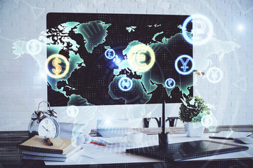 Forex market chart hologram and personal computer background. Multi exposure. Concept of investment.