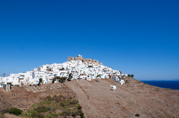 A view of the old town on the Greek island of Astypalaia, with the islands Venetian fortress atop...