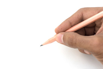 Male hand holding a brown pencil on white background