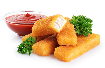 Fish fingers sticks with parsley and ketchup isolated on white background.