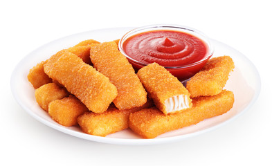 Fish fingers sticks with ketchup isolated on white background.