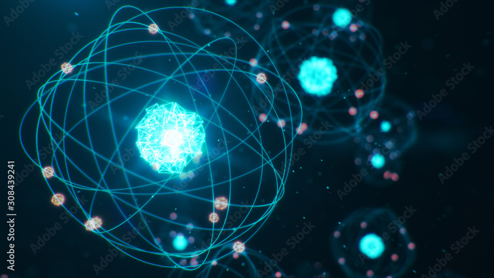Poster abstract atom model. atom is the smallest level of matter that forms chemical elements. glowing ener