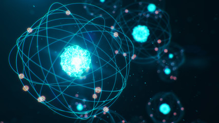 Abstract atom model. Atom is the smallest level of matter that forms chemical elements. Glowing energy balls. Nuclear reaction. Concept nanotechnology. Neutrons and protons - nucleus. 3D Illustration - obrazy, fototapety, plakaty