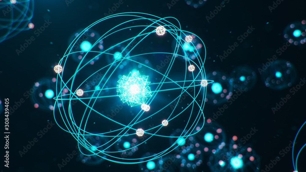 Poster 3d illustration atomic structure. atom is the smallest level of matter that forms chemical elements.