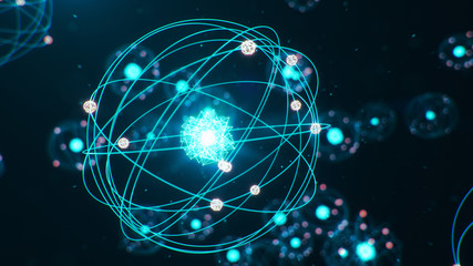 3D Illustration Atomic structure. Atom is the smallest level of matter that forms chemical elements. Glowing energy balls. Nuclear reaction. Concept nanotechnology. Neutrons and protons - nucleus.