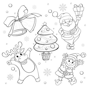 Set of Christmas coloring characters and objects for children's creativity and decor. Festive winter template.