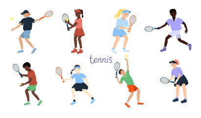 Fototapeta na wymiar Set of tennis players isolated on a white background. Vector graphics.