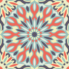 Seamless pattern morrocan ornament. Floral textile print. Islamic vector design. Oriental background with mandalas. Stained glass vitrage.