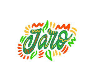 Naklejka premium Jaro - Spring in Czech. Hand Lettering word. Handwritten modern brush typography sign. Greetings for icon, logo, badge, cards, poster, banner, tag. Colorful Vector illustration