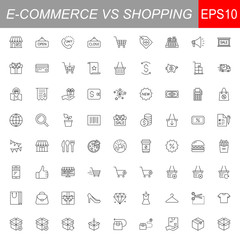 SHOPPING vs E-COMMERCE line thin icons set. Vector illustrations collection EPS10.